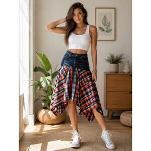 Upcycled Jeans Co Reworked Denim Skirt Plaid Flannel Hanky Hem Grunge Sz 25/6"